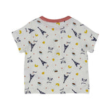 Petit Bateau kids' white two-piece pyjama set featuring a blue Eiffel Tower and yellow croissant print with red striped trim.