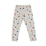 Petit Bateau kids' white two-piece pajama set with a colorful red, blue, green, and yellow heart print, featuring a short-sleeve top and long leggings.