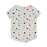 Petit Bateau kids' white two-piece pajama set with a colorful red, blue, green, and yellow heart print, featuring a short-sleeve top and long leggings.