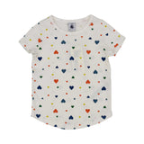 Petit Bateau kids' white two-piece pajama set with a colorful red, blue, green, and yellow heart print, featuring a short-sleeve top and long leggings.
