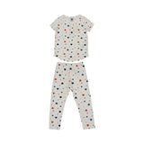 Petit Bateau kids' white two-piece pajama set with a colorful red, blue, green, and yellow heart print, featuring a short-sleeve top and long leggings.