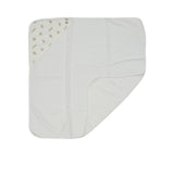 A white square cotton terry baby towel from Petit Bateau featuring a corner hood with a beige teddy bear print.