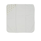 A white square cotton terry baby towel from Petit Bateau featuring a corner hood with a beige teddy bear print.