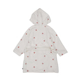 Petit Bateau off-white plush hooded bathrobe for children featuring an all-over red heart embroidered pattern and a waist tie.