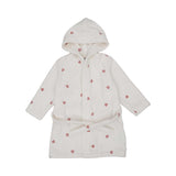 Petit Bateau off-white plush hooded bathrobe for children featuring an all-over red heart embroidered pattern and a waist tie.