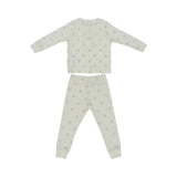 Beige-colored two-piece Petit Bateau pajama set for girls with an all-over silver glitter heart pattern and ribbed ankle and wrist cuffs.