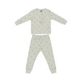 Beige-colored two-piece Petit Bateau pajama set for girls with an all-over silver glitter heart pattern and ribbed ankle and wrist cuffs.