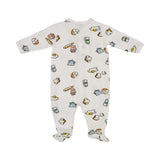 Petit Bateau baby footed romper in white with a colorful French breakfast print featuring croissants, baguettes, and teapots.