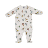 Petit Bateau baby footed romper in white with a colorful French breakfast print featuring croissants, baguettes, and teapots.