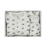 An off-white long-sleeve baby sleepsuit with feet, featuring an all-over small grey hedgehog print and snap button closures.