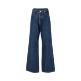 Front view of Philipp Plein dark blue wide-leg jeans featuring a high waist, five-pocket design, and a silver logo button against a white background.