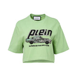 A light green cropped T-shirt with a "PLEIN" logo and a vintage race car graphic embellished with sparkling crystals on the chest.