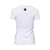 The back of a plain white T-shirt showing a small black hexagonal "PP" brand logo centered below the neckline.