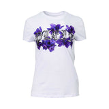 A white short-sleeved T-shirt by Philipp Plein featuring a large chest graphic with silver gothic text and vibrant purple flowers.