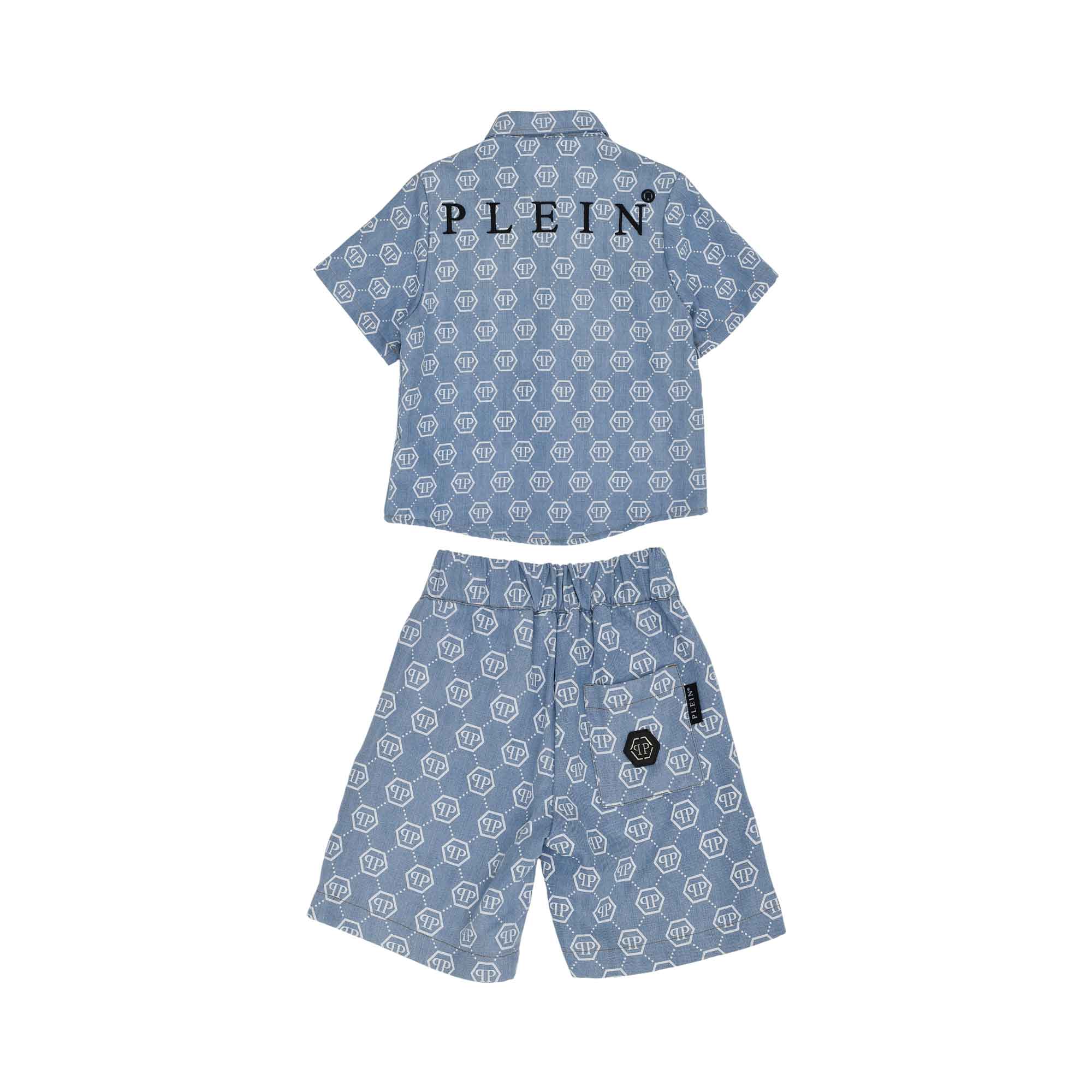 Back view of the Philipp Plein Junior set, highlighting the large black "PLEIN" script logo across the shirt shoulders and the back pocket logo.