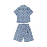 Back view of the Philipp Plein Junior set, highlighting the large black "PLEIN" script logo across the shirt shoulders and the back pocket logo.