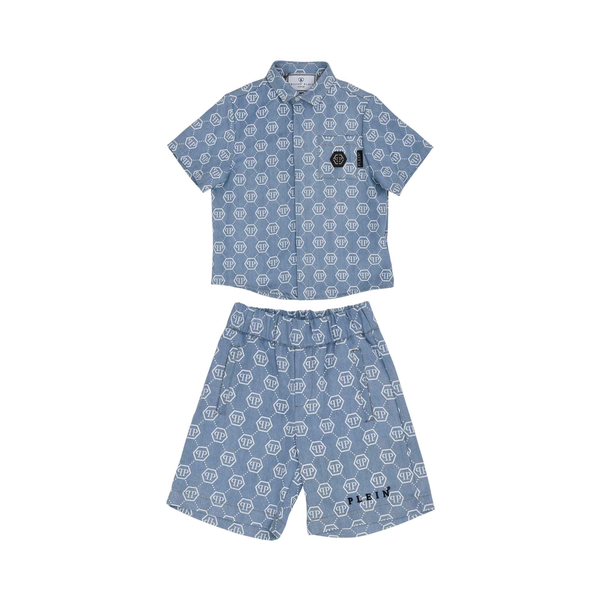 Front view of a blue Philipp Plein Junior shirt and shorts set featuring a white hexagonal logo monogram and diamond pattern.