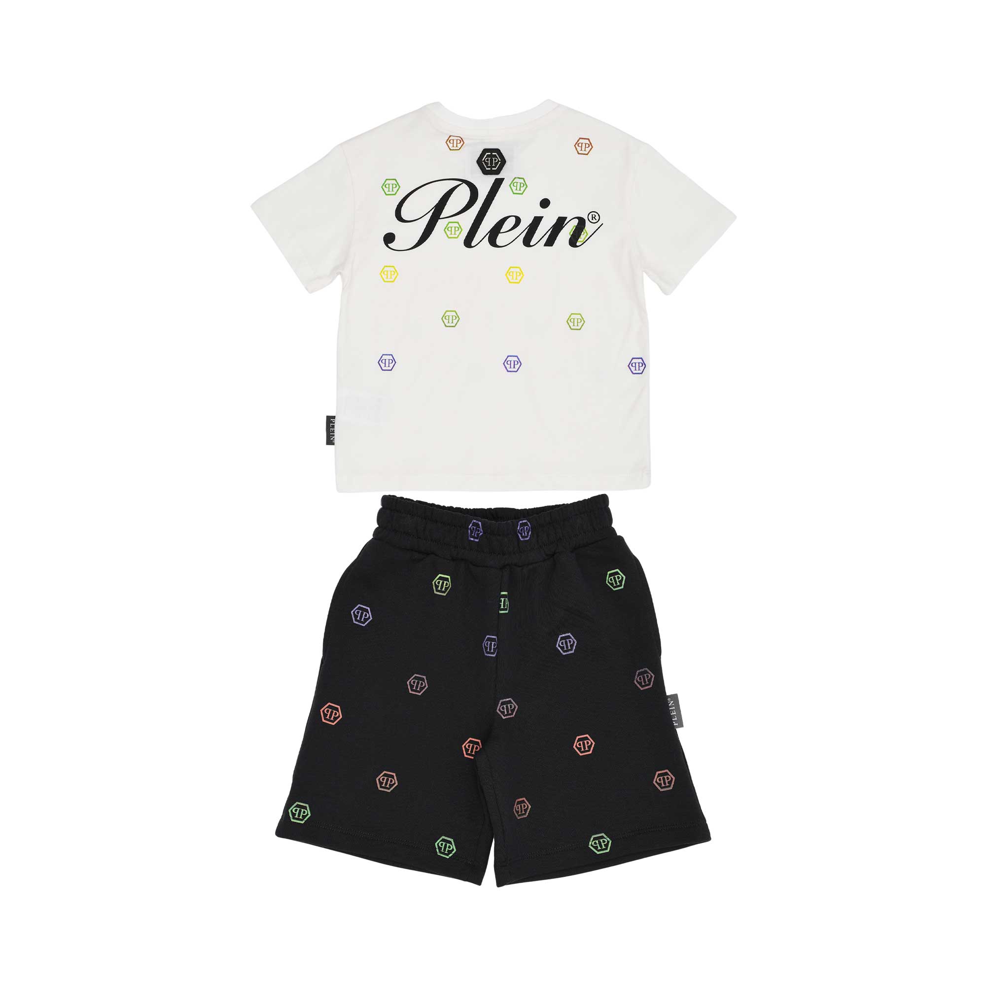 Back view of the Philipp Plein Junior set, highlighting the large black "Plein" script logo and the all-over colorful monogram pattern.