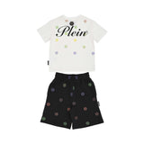 Back view of the Philipp Plein Junior set, highlighting the large black "Plein" script logo and the all-over colorful monogram pattern.