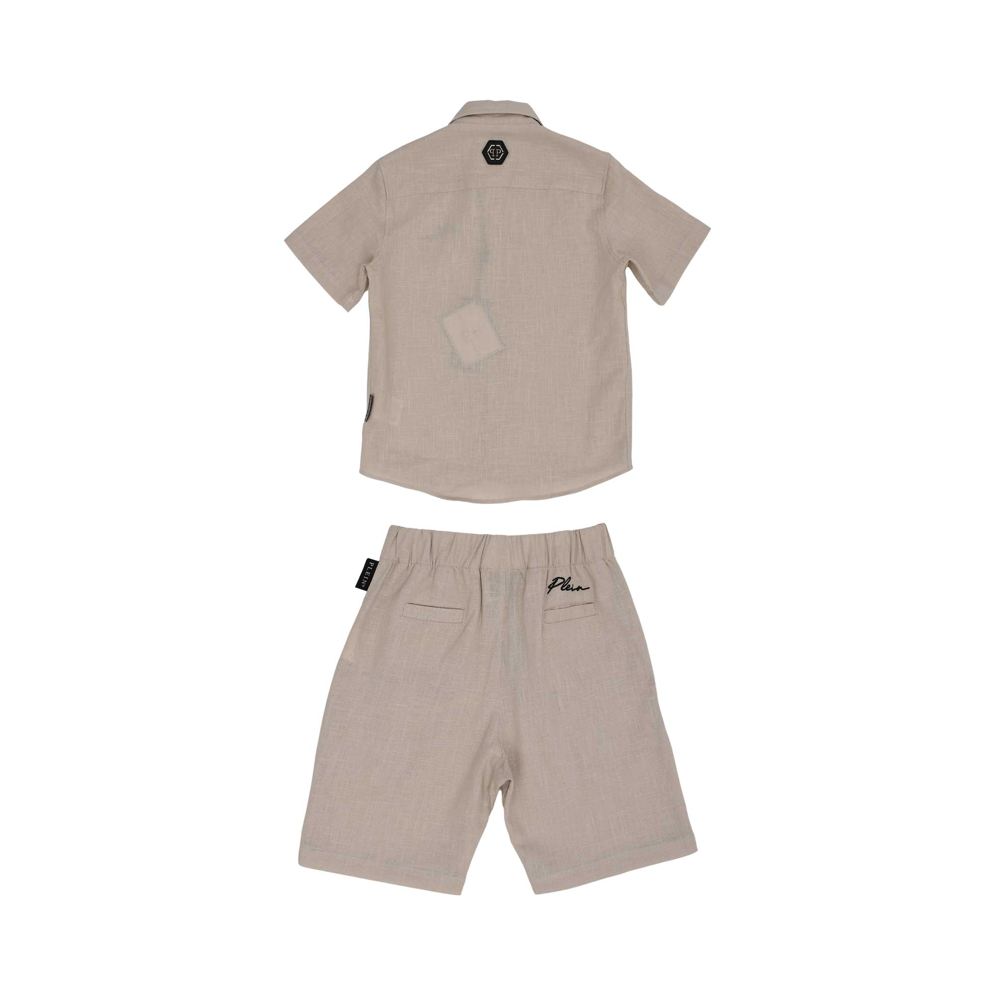 Back view of the Philipp Plein Junior linen set, showing the hexagonal logo on the shirt yoke and the script branding on the shorts.