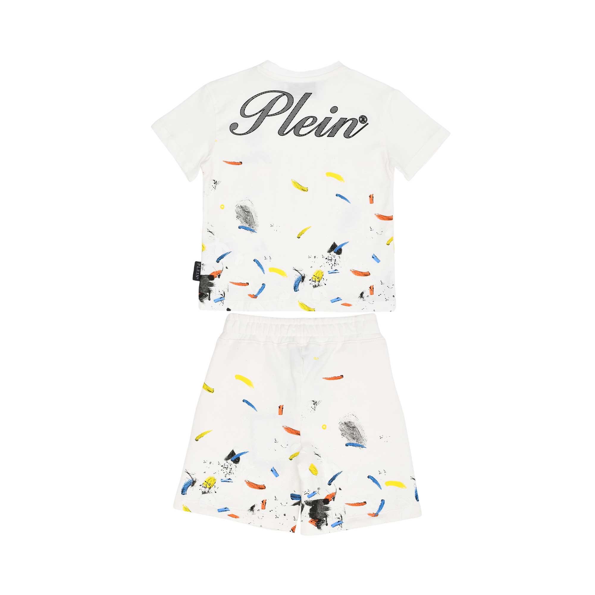 Back view of the Philipp Plein Junior set, showing the paint splatter motif and the large "Plein" script logo across the t-shirt shoulders.