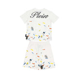 Back view of the Philipp Plein Junior set, showing the paint splatter motif and the large "Plein" script logo across the t-shirt shoulders.