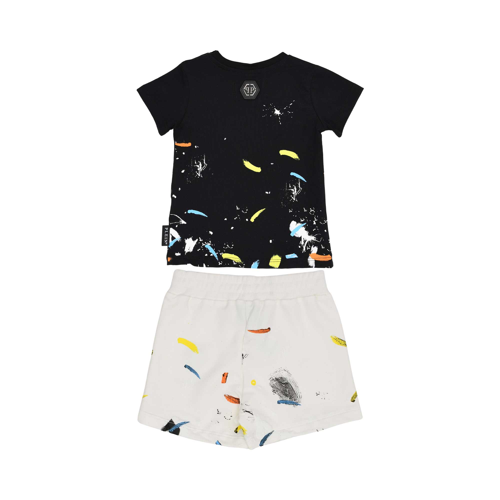 Back view of the Philipp Plein Junior set, showing the paint splatter design and the hexagonal "PP" logo patch on the t-shirt neck.