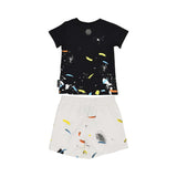 Back view of the Philipp Plein Junior set, showing the paint splatter design and the hexagonal "PP" logo patch on the t-shirt neck.