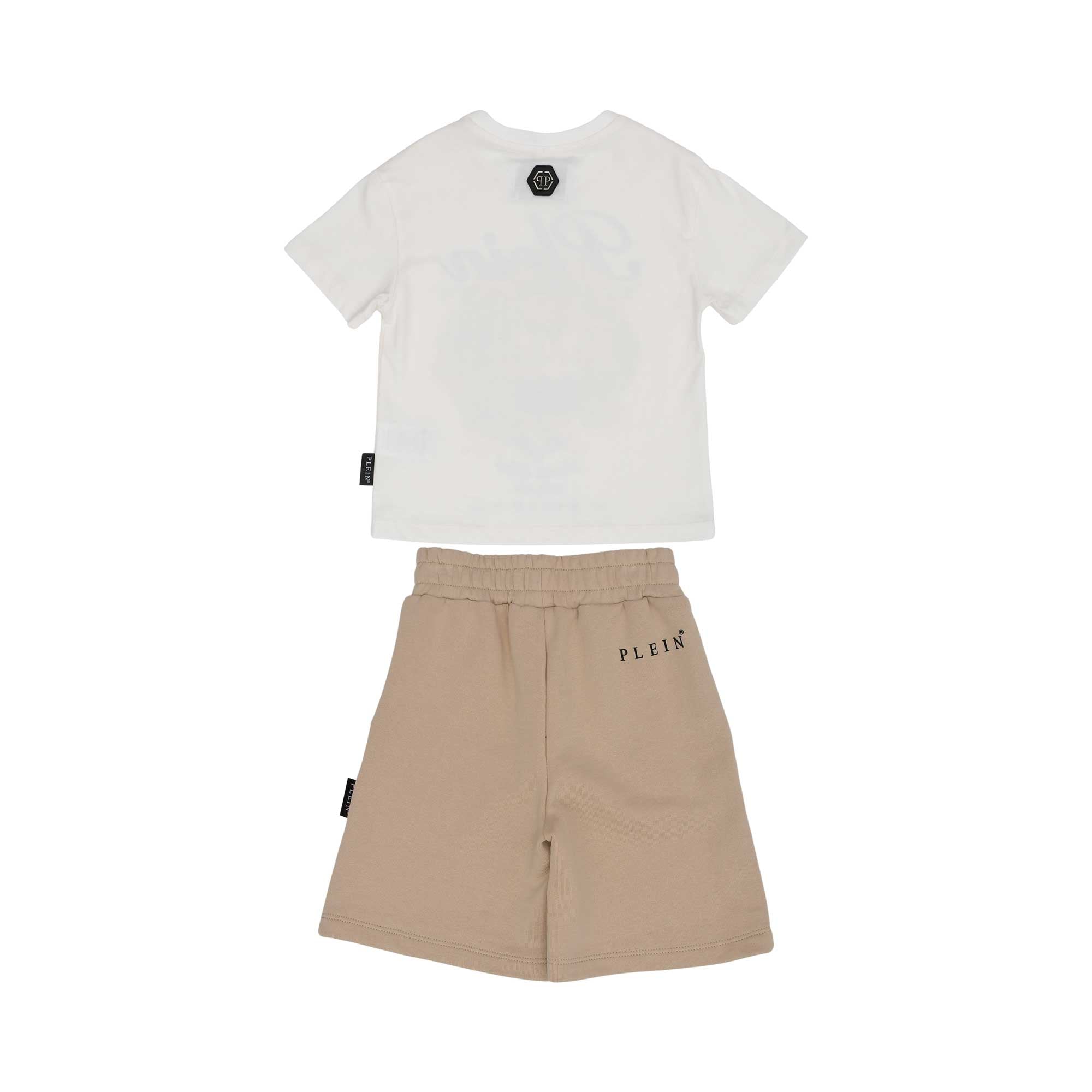 Back view of the Philipp Plein Junior set, showing the clean finish, the small logo patch on the t-shirt neck, and script branding on the shorts.