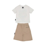 Back view of the Philipp Plein Junior set, showing the clean finish, the small logo patch on the t-shirt neck, and script branding on the shorts.