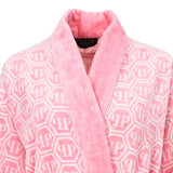 Pink robe with geometric pattern and 'Plein' branding on a white background.