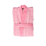 Pink robe with white geometric pattern on a white background.