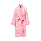 Front and back view of a pink Philipp Plein plush bathrobe with an all-over hexagonal monogram pattern and matching tie-waist belt.
