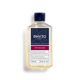 Front studio shot of Phyto Cyane Invigorating Shampoo 250ml, available at Blue Salon Online. The sleek, transparent amber bottle showcases its liquid formula, featuring a clean white and minimalist text label topped with a metallic silver cap.