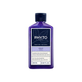 Front studio shot of Phyto Violet No Yellow Shampoo 250ml, available at Blue Salon Online. The clear cylindrical bottle reveals a deep purple fluid formula, accented by a clean white and purple label with minimal typography under a silver cap.