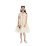 A young girl holding a small bouquet of pink roses, wearing a peach and cream floral lace shift dress with a Peter Pan collar and a ruffled tulle hem, standing against a white background.