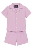 Light purple short-sleeved shirt with lapel collar, four cream buttons, and chest pocket, paired with matching elastic-waist