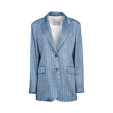 Ermanno Firenze light blue pinstripe blazer featuring notched lapel, two-button closure, front flap pockets, and a relaxed tailored fit.
