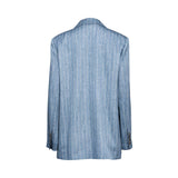 Ermanno Firenze light blue pinstripe blazer featuring notched lapel, two-button closure, front flap pockets, and a relaxed tailored fit.