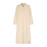 A long-sleeve, midi-length knit nightdress in beige melange by Pluto, featuring a ribbed Henley collar with a four-button placket and a relaxed fit.