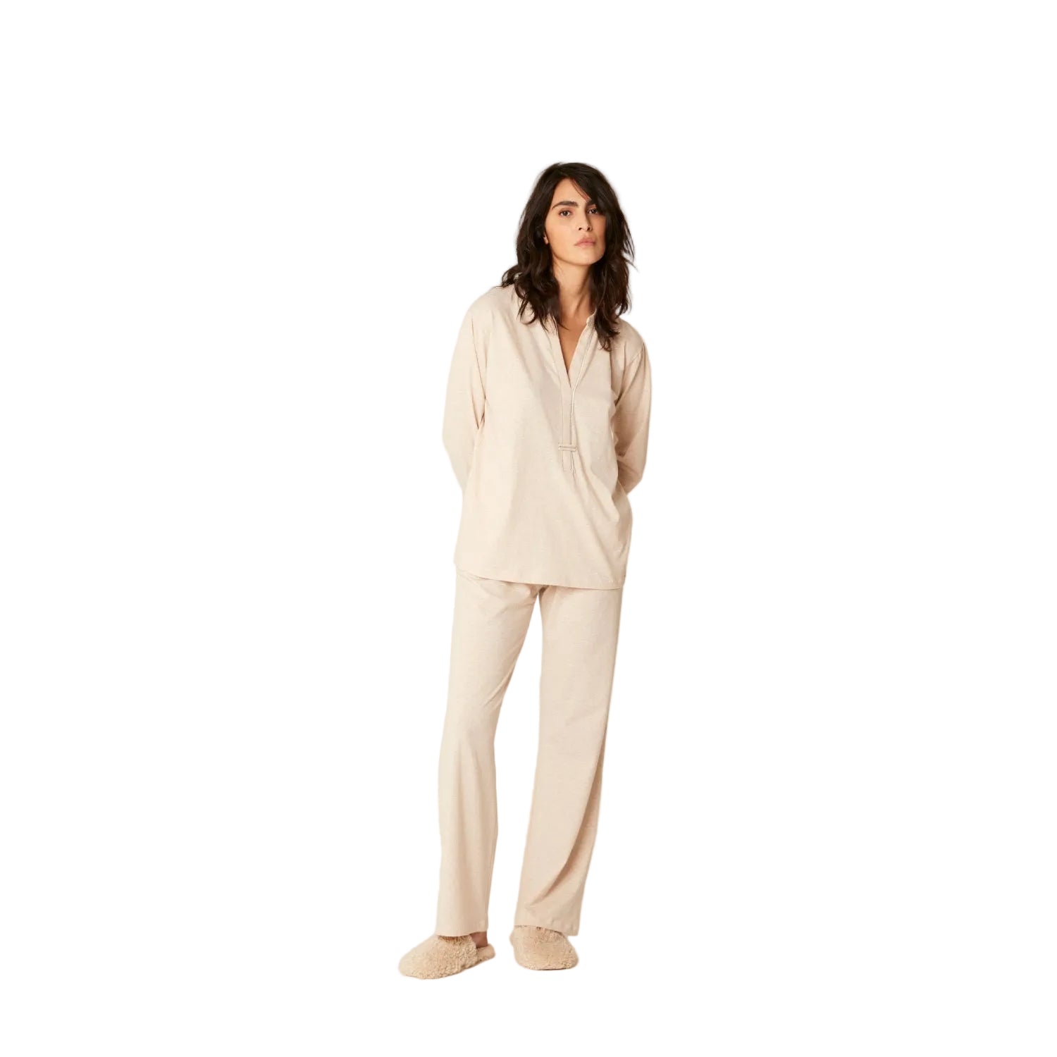 A model wearing a Pluto beige melange two-piece lounge set, featuring a long-sleeve top with a split V-neckline and matching relaxed wide-leg trousers.