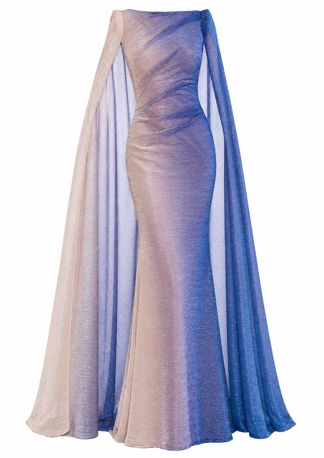 Floor-length fitted dress with a boat neck and integrated flowing cape, featuring a shimmering cornflower blue to beige gradi