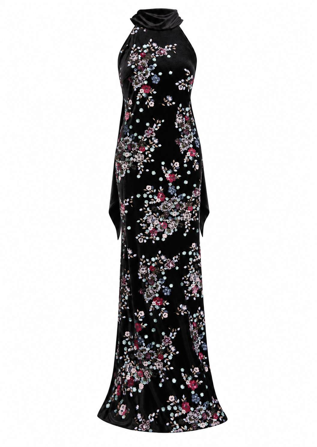 Black velvet long halter neck dress with multi-coloured floral pattern and draped neckline.