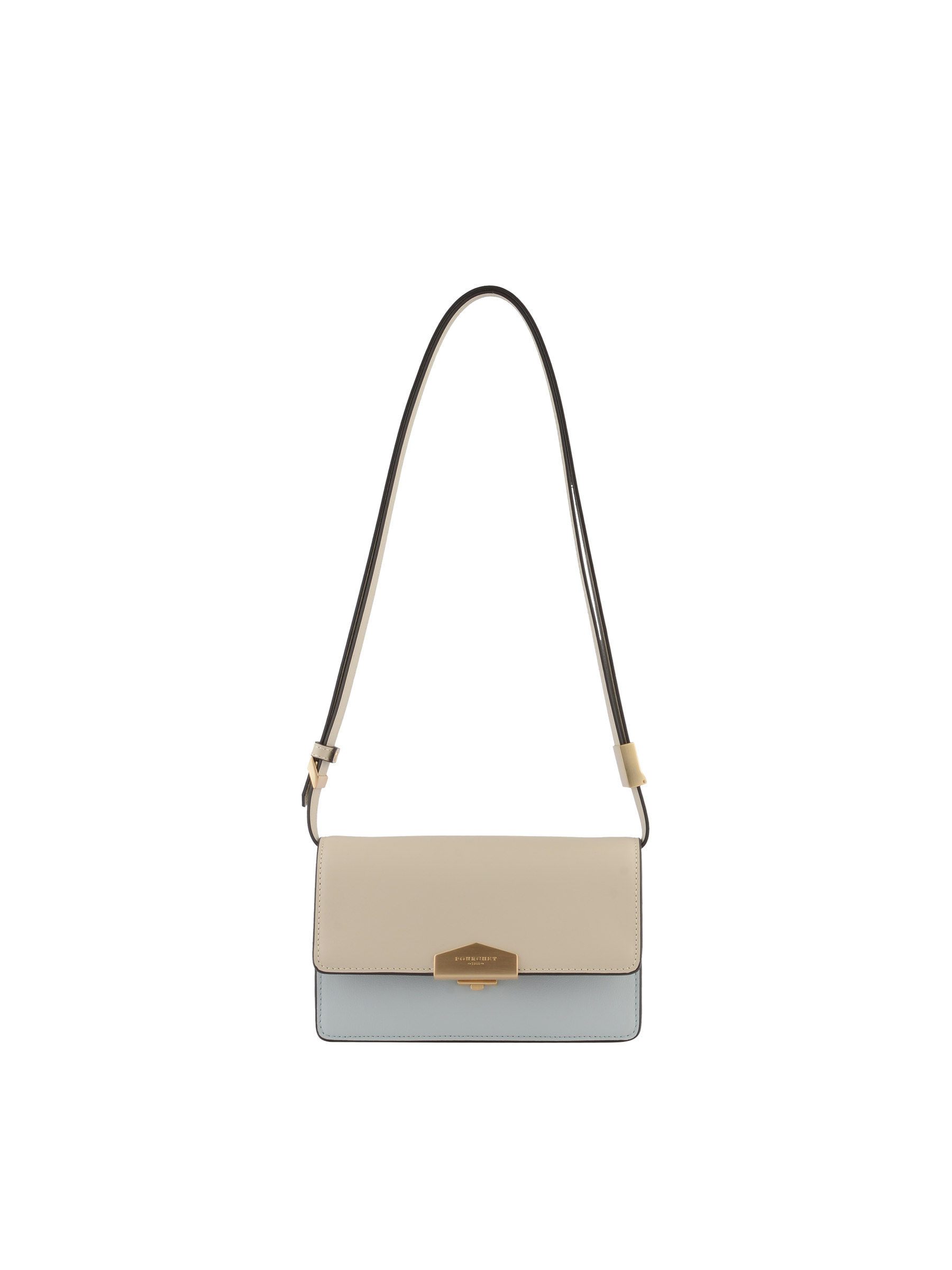Front view of the Pourchet leather shoulder bag featuring a beige flap, light blue base, and an adjustable shoulder strap with gold-toned buckles.