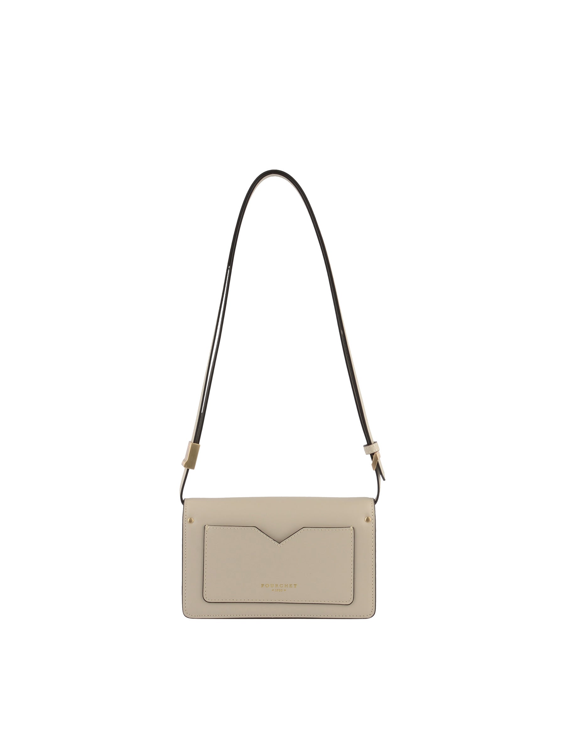 The back of a beige Pourchet leather bag featuring a slim external slip pocket with a decorative V-cutout and gold brand lettering.