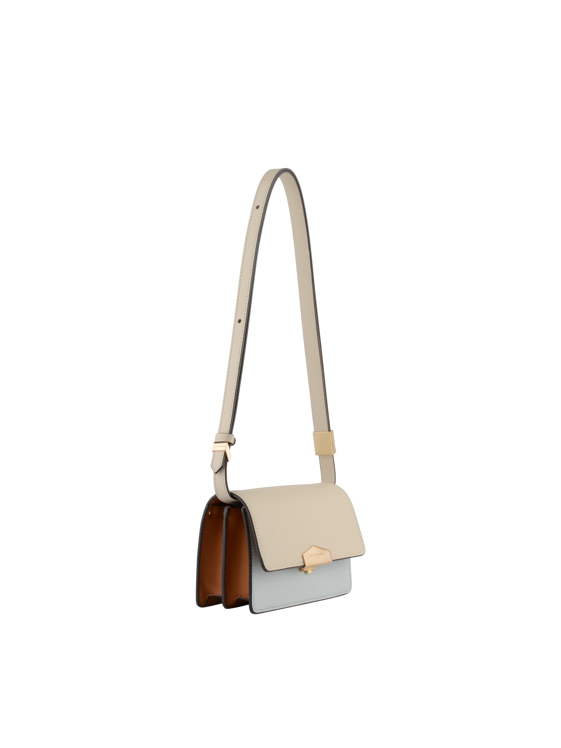 A three-quarter view of the Pourchet shoulder bag, showcasing the color-blocked design in beige, light blue, and cognac brown with gold hardware.