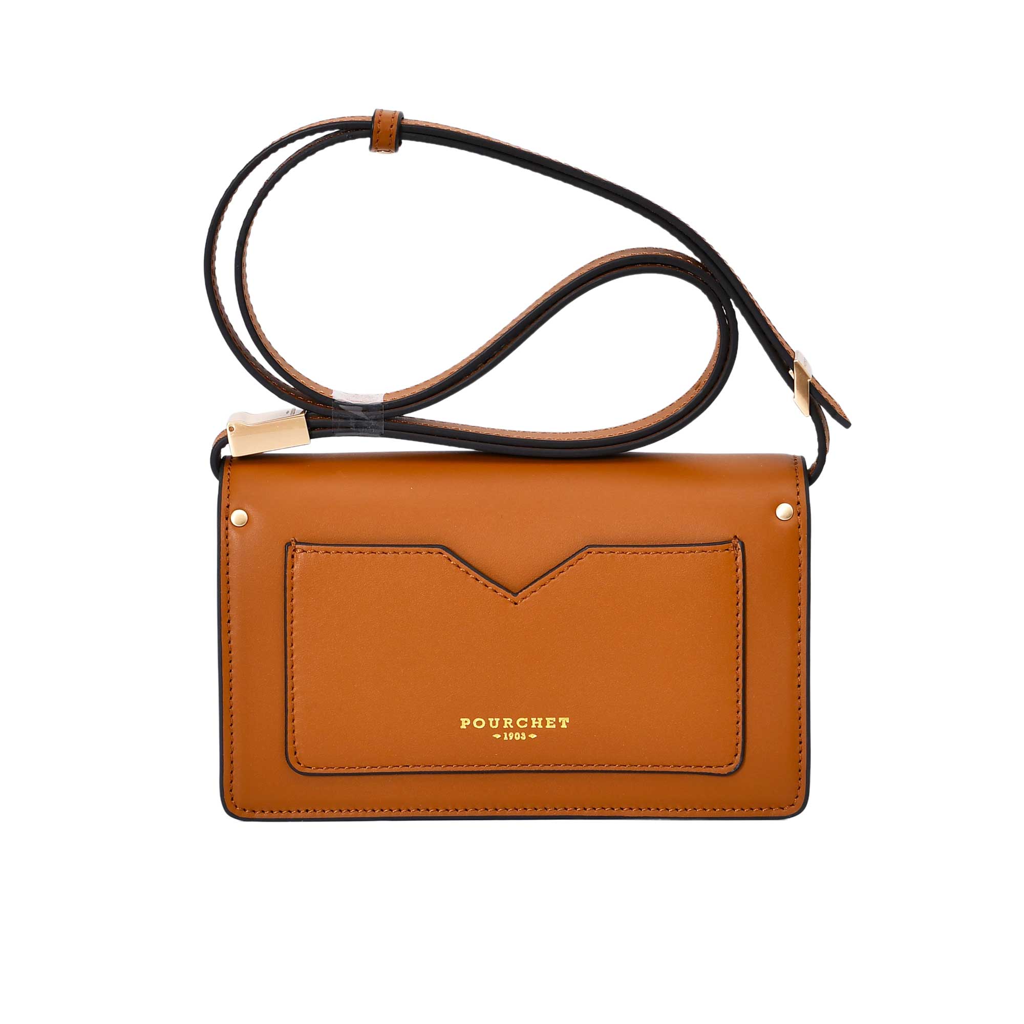 Brown leather crossbody bag with visible brand name on a white background.