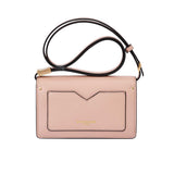 Pink crossbody bag with a strap on a white background
