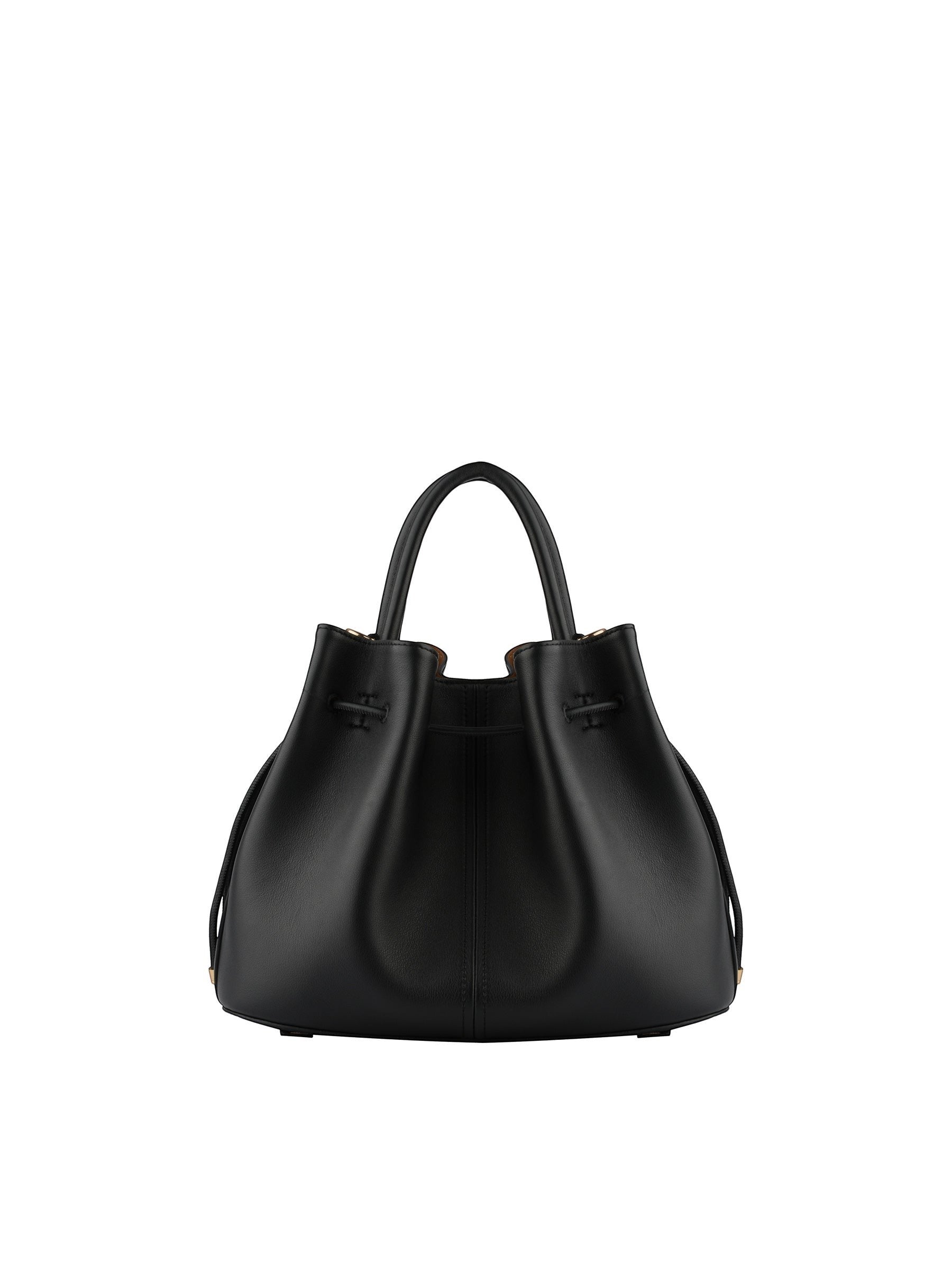 Back view of the Pourchet bucket bag in black leather, displaying the elegant curved silhouette and top handle design.