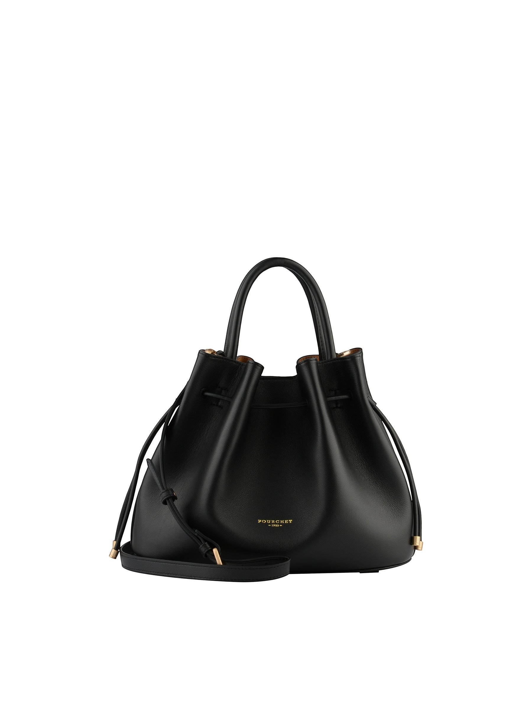 Frontal perspective of the Pourchet Noir bag including the adjustable shoulder strap and gold-embossed brand signature.
